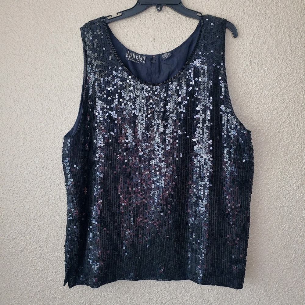 vintage JAKELIN DESIGNS BY MEHER INTL black sequin sleeveless blouse siz 3x Silk